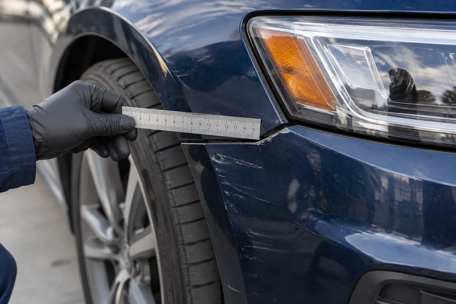 Detail eines Fahrzeugschadens mit Messlineal