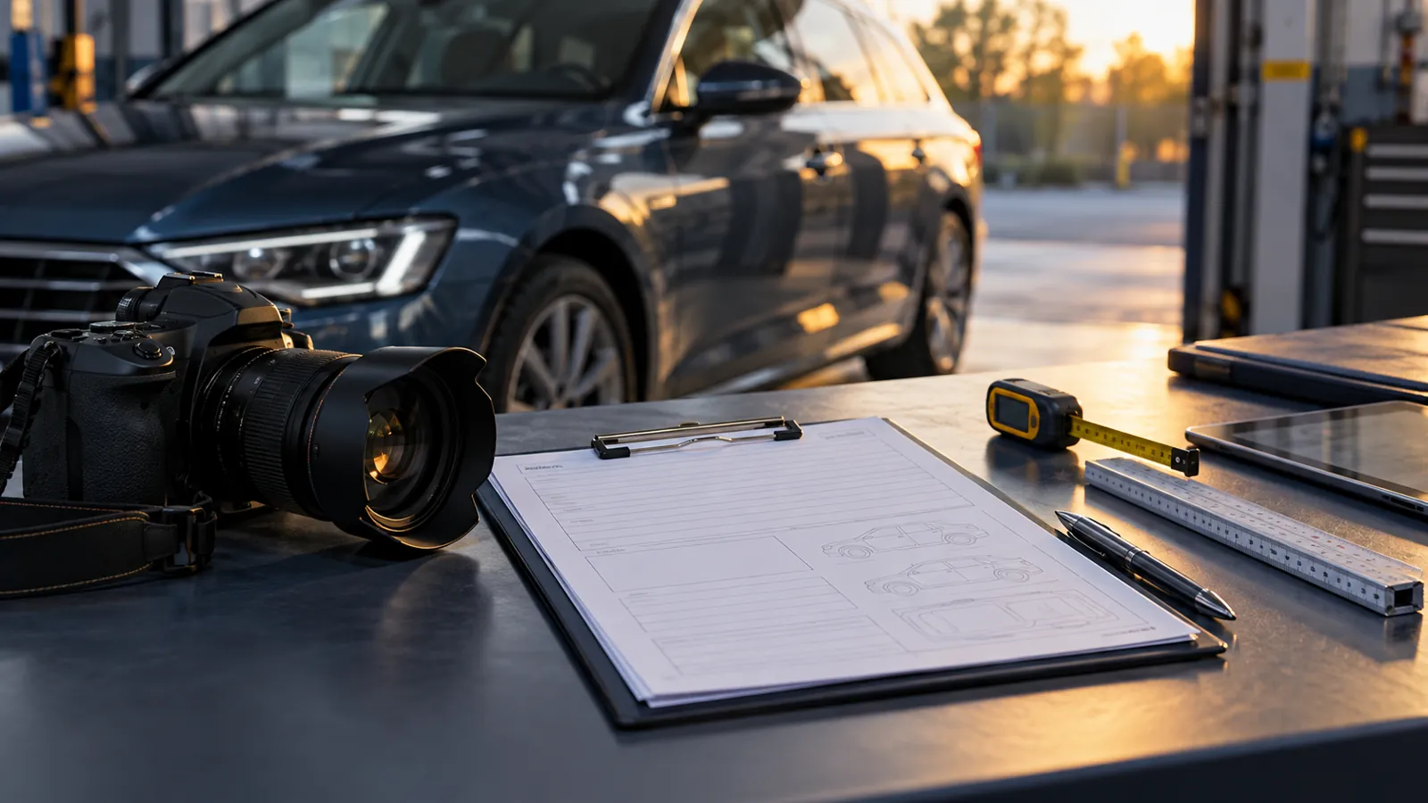 Kamera und neutrale Unterlagen zur Fahrzeugprüfung vor einem unmarkierten Auto